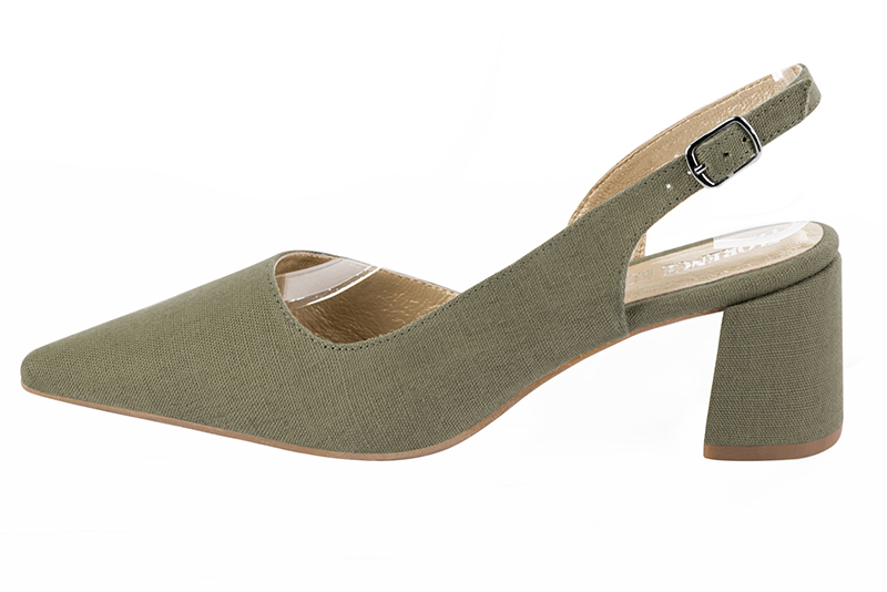 Khaki green women's slingback shoes. Pointed toe. Medium flare heels. Profile view - Florence KOOIJMAN